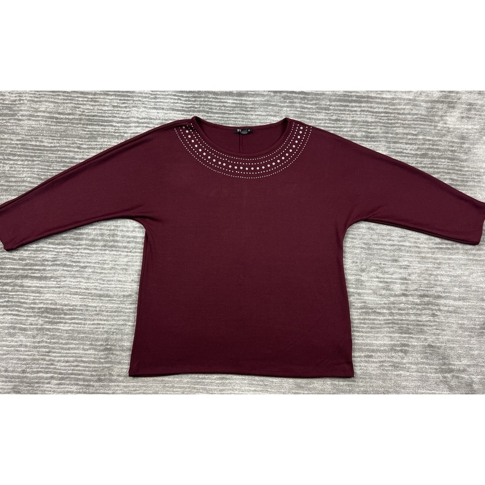 BYdesign Blouse Womens L Burgundy Embellished Neck 3/4 Sleeve Relaxed Knit Top